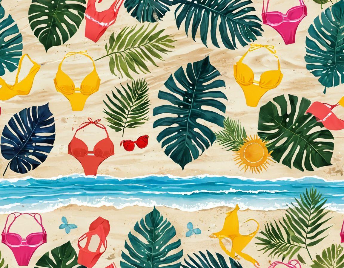 A vibrant beach scene with a background of gentle waves lapping the shore, showcasing a variety of colorful swimwear and activewear laid out on soft sand. Include playful, energetic people enjoying water activities, with a focus on the convenience and lifestyle of subscription services for swimwear. Bright sun, clear blue sky, and tropical plants frame the image to evoke a sense of joy and relaxation. super-realistic. vibrant colors. white background.