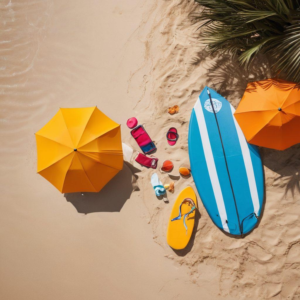 A vibrant beach scene with a stylish array of active and beach wear on display, featuring a colorful beach umbrella, surfboards, and casual lounging attire. Include a relaxed figure scrolling through a subscription service app on their phone, surrounded by a laid-back atmosphere of sand and sea. The image should convey convenience and effortless lifestyle choices. Bright, sunny colors, and a cheerful vibe add to the experience. super-realistic. vibrant colors. beach setting.